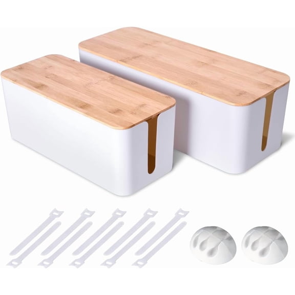 PLERISE 2-Pack Wooden Style Cable Management Box – Cord Organizer for TV, Computer, Router & Power Strip, ABS, Baby-Pet Lock, White