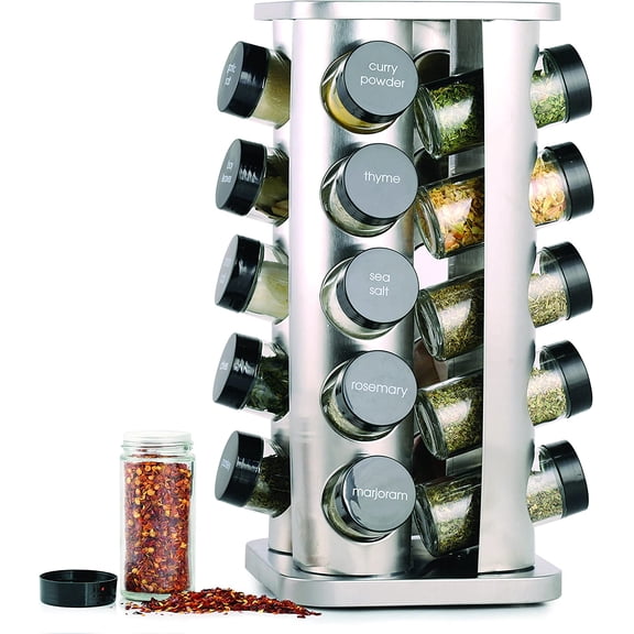 PLERISE 20-Jar Rotating Spice Rack with Spices Included, Stainless Steel Countertop Spice Organizer with 3 oz Glass Jars & 5-Year Free Spice Refill Program