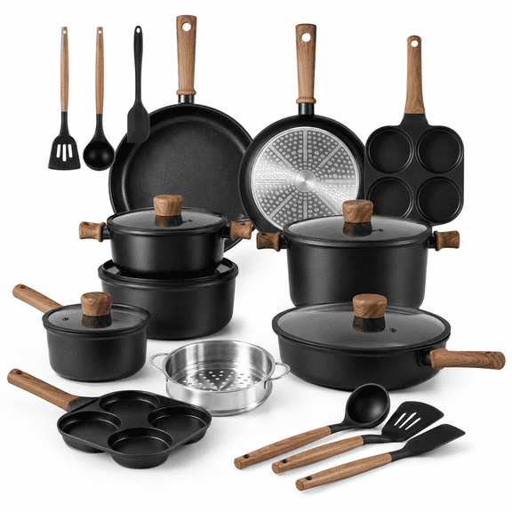 PLERISE 24-Piece Titanium Nonstick Cookware Set, Black Nonstick Pots and Pans, Induction Compatible