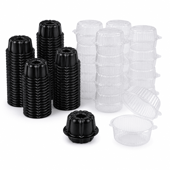 PLERISE 25 Pack Bakeable Plastic Mini Cake Pans with Clear Containers, 4 Inch Reusable Non-Stick Mini Bundt Molds for Flan, Chocoflan, Gelatina, Jello and Desserts, Black