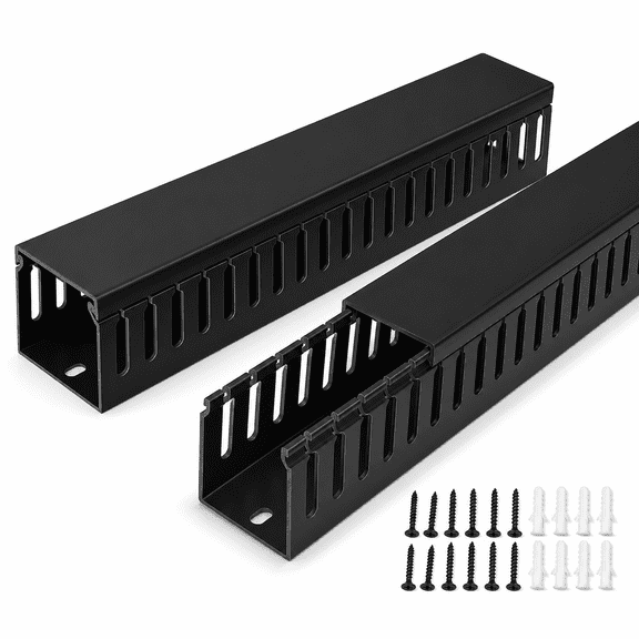PLERISE 2x2in Cable Raceway, Black PVC Slotted Wire Duct with Cover, 2 Pack, Server Rack Cable Management for Network, PC, TV and Under Desk Cords