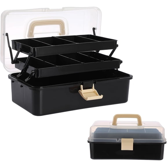 PLERISE 3-Layer Craft Storage Box with Adjustable Dividers, Portable Utility Organizer for Sewing & Art Supplies (Black + Beige)