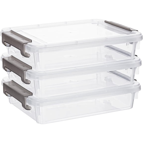 PLERISE 3-Pack Plastic Storage Bins with Latching Lids, Clear Stackable File Box Organizer Containers for B5 Paper Photos Documents Scrapbooks