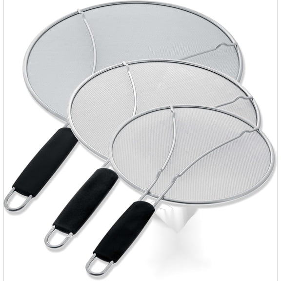 PLERISE 3-Piece Fine Mesh Splatter Guard Set – 13", 11.5" & 9.5" Covers for Frying Pans & Cooking Pots, Grease & Oil Shield with Resting Feet and Comfort Grip Handles