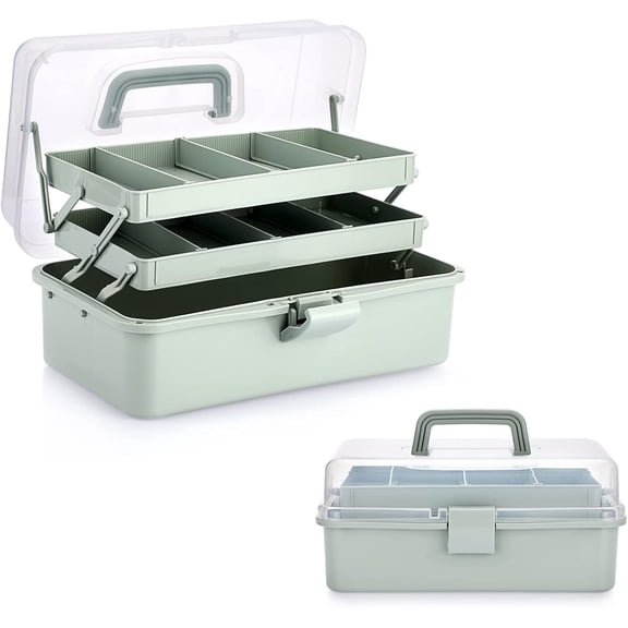 PLERISE 3-Tier Divided Storage Organizer with Adjustable Spacers Portable Handled Utility Box for Crafts, Art Supplies, Medicine, Sewing & Home Organization (Haze Green)
