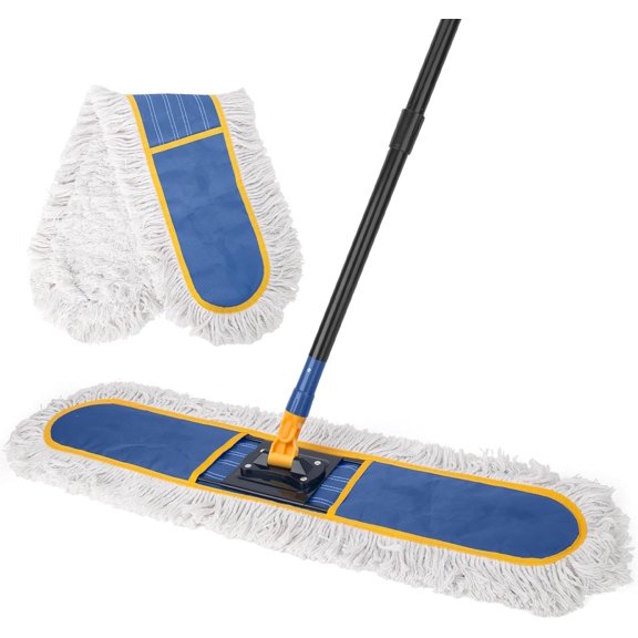 PLERISE 36 Inch Commercial Dust Mop for Floor Cleaning, Industrial Dry Mop with Heavy Duty Long Handle, Large Cotton Reusable Mop Head for Hardwood Tile Concrete Laminate Garage Floors, Blue
