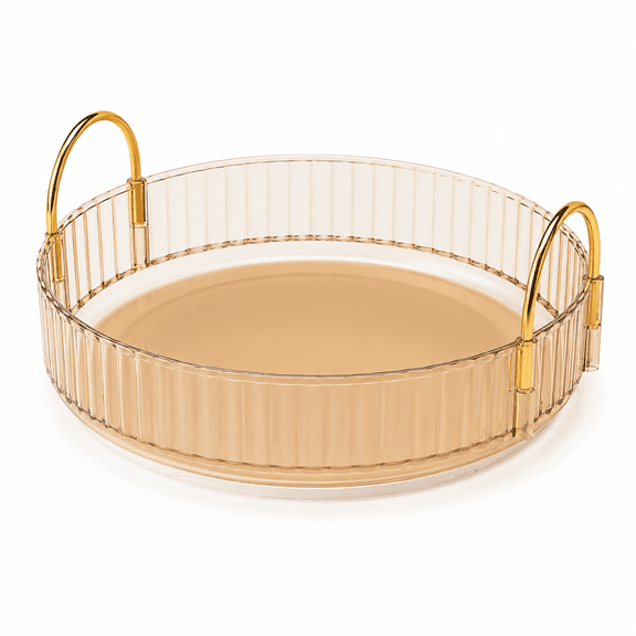 PLERISE 360 Rotating Makeup Organizer, Round Vanity Tray with Gold-Tone Handles, 9 in Cosmetics Spinning Holder for Perfume, Skincare, Lipstick, Bathroom Countertop