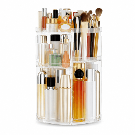PLERISE 360 Rotating Makeup Organizer, Transparent Adjustable Acrylic Skincare Organizer with Brush Holder, Large Capacity Cosmetic Carousel Storage Shelf for Vanity, Bathroom Countertop and Dresser