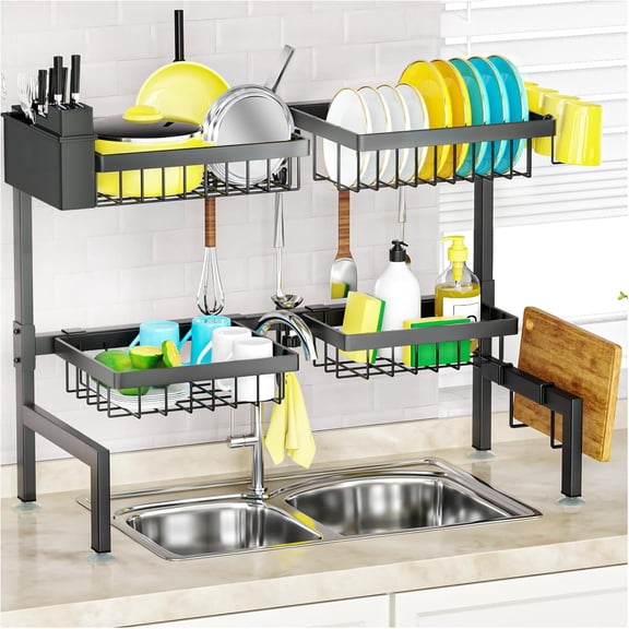 PLERISE 4 Baskets 2-Tier Over The Sink Dish Drying Rack, 26.57"-35" Extensible Large Kitchen Sink Rack, Space-Saving Adjustable Organizer