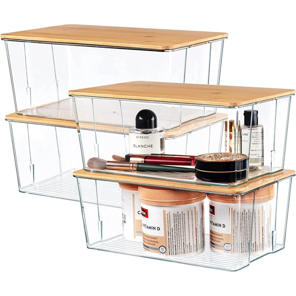 PLERISE 4-Pack Clear Plastic Storage Bins with Bamboo Lids, Stackable Storage Containers for Medicine Cabinet Craft Room Pantry, Bamboo Top Organizer Bins