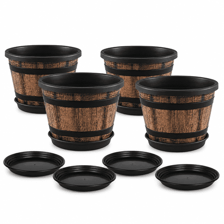 PLERISE 4 Pack Whiskey Barrel Plant Pots, 12 Inch Brown Plastic Flower Planters with Drainage Holes and Saucers, 2.5 Gallon Indoor Outdoor Garden Pots for Plants, Herbs and Flowers