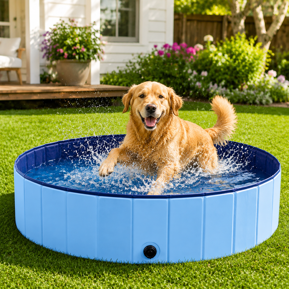 PLERISE 48" Foldable Dog Pet Bath Pool Collapsible Wading Pool for Bathing & Play, Durable Kiddie Pool for Puppies, Small Medium Large Dogs, Cats & Kids, Blue