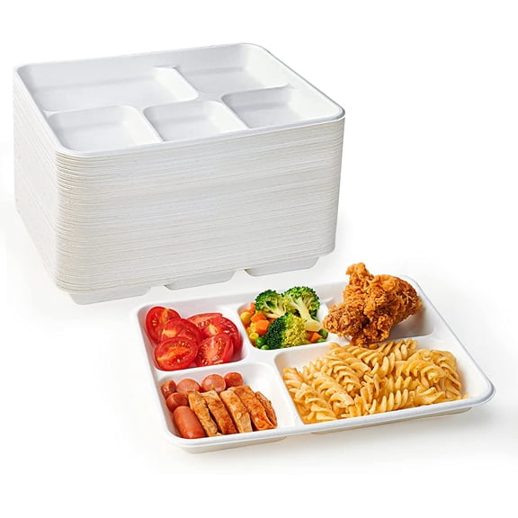 PLERISE 5 Compartment Disposable Paper Plates 10.25 Inch, Heavy Duty Biodegradable Sugarcane School Lunch Trays, White, 1 Pack