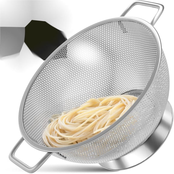 PLERISE 5-Quart Stainless Steel Colander for Kitchen, Large Pasta and Rice Strainer with Handle, Rust-Resistant and Dishwasher Safe