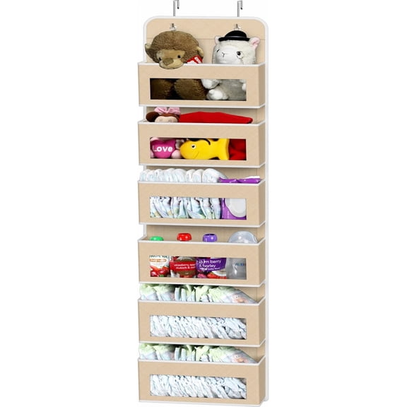 PLERISE 6 Clear Window Pocket Over Closet Door Storage Hanging Organizer, Beige Hanging Shelf for Bedroom Bathroom Pantry Organization