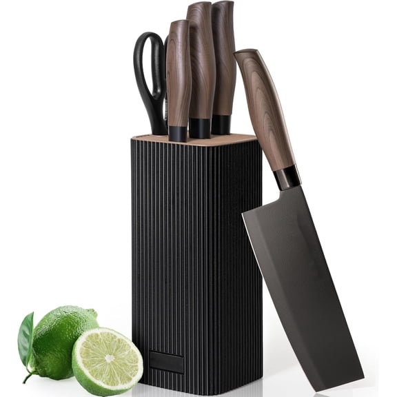 PLERISE 6-Piece Kitchen Knife Set with Block High-carbon stainless steel, ultra-sharp blades, wood-grain handles, dishwasher safe. (Black)