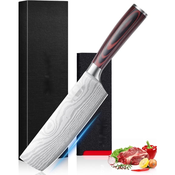 PLERISE 7-Inch Nakiri Knife High Carbon Stainless Steel, Razor Sharp Vegetable & Meat Cleaver, Ergonomic Handle