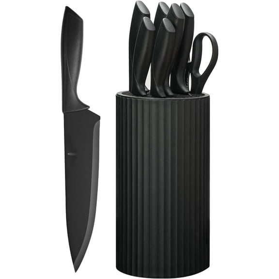 PLERISE 8-Piece Kitchen Knife Set with Universal Block, Anti-Rust Chef Knives with Ergonomic Handles, Dishwasher Safe, Black
