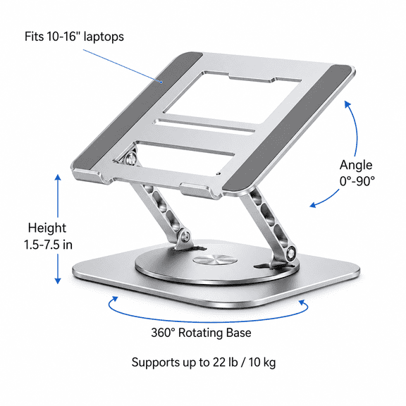 PLERISE Adjustable Laptop Stand with 360 Rotating Base, Foldable Aluminum Ergonomic Laptop Riser for Desk, Height & Angle Adjustable, Fits 10-16 Inch Laptops, Silver