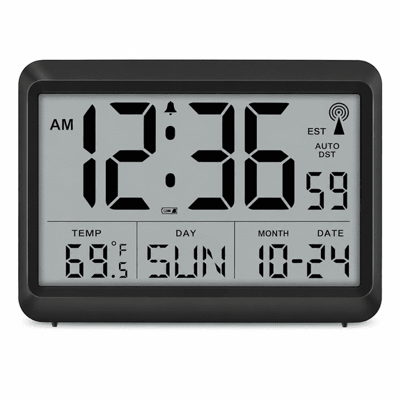 PLERISE Atomic Digital Wall Clock, Battery Operated, Self-Setting, Large Display with Temperature, Date, Day, 4 Time Zones, Silent Wall-Mount
