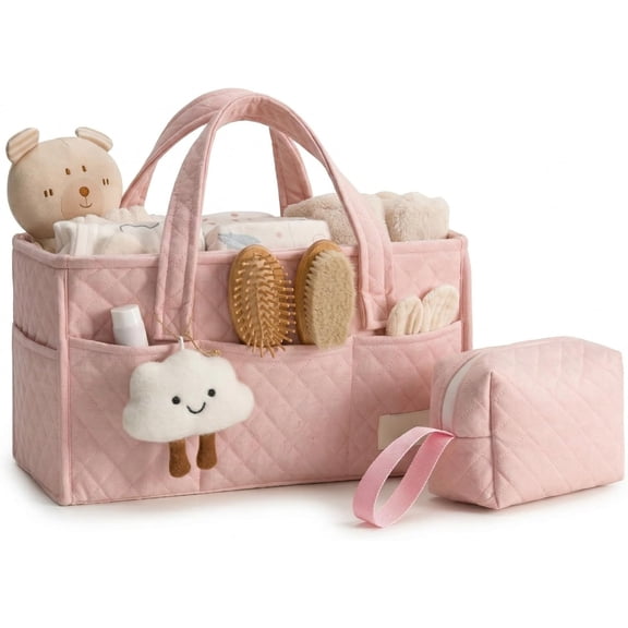 PLERISE Baby Diaper Caddy Organizer, Baby Basket Shower Gift, Portable Changing Table Basket, Postpartum Caddy & Tote Bag Pouch, Car Diaper Organizer Blush Pink
