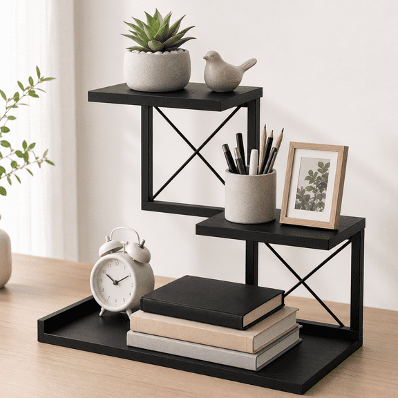 PLERISE Black 3-Tier Desktop Shelf Organizer, Wood Desk Bookshelf with Metal Frame and X-Shaped Cross Rods, Tabletop Storage Rack for Office, Dorm, Home Decor
