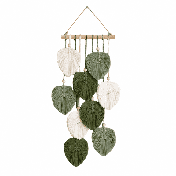 PLERISE Boho Macrame Leaf Wall Hanging, Handmade Green and White Tapestry Wall Decor for Bedroom, Living Room and Office, 1 Piece