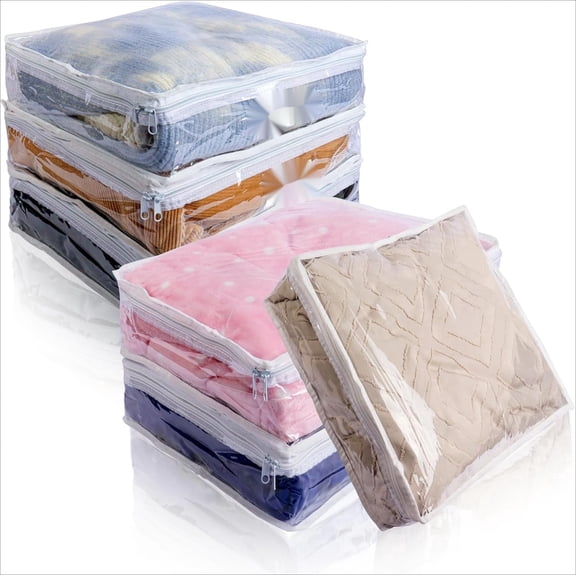 PLERISE 6 Pack Clear Zippered Storage Bags for Sweaters, Blankets, and Bed Sheets (15.7 x 13.8 x 3.9 inch, White)