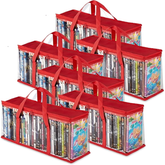 PLERISE DVD Storage Bags Set of 6, Clear Plastic Media Organizer with Carrying Handles & Zipper, Storage Holder for DVDs CDs Blu-Ray Movie Cases VHS Boxes Video Game Disks, Red