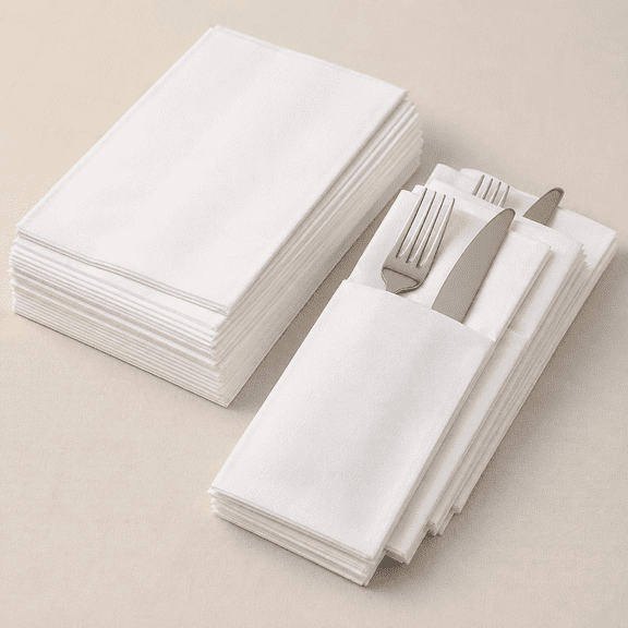 PLERISE Disposable Cloth Like Napkins with Built-in Flatware Pocket, 16 x 16 Inch Linen Feel White Dinner Napkins, Prefolded Silverware Napkins for Wedding, Party and Dinner, 50 Count