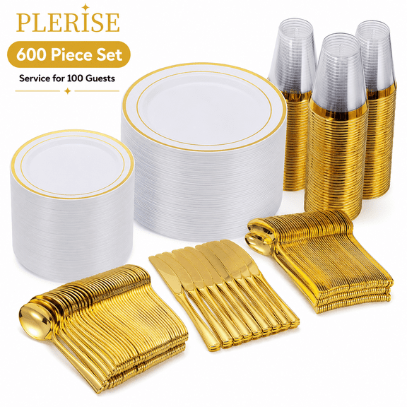 PLERISE Disposable Dinnerware Set for 100 Guests, 600 Piece Plastic Party Tableware Set with Dinner Plates, Salad Plates, Cups, Forks, Knives and Spoons
