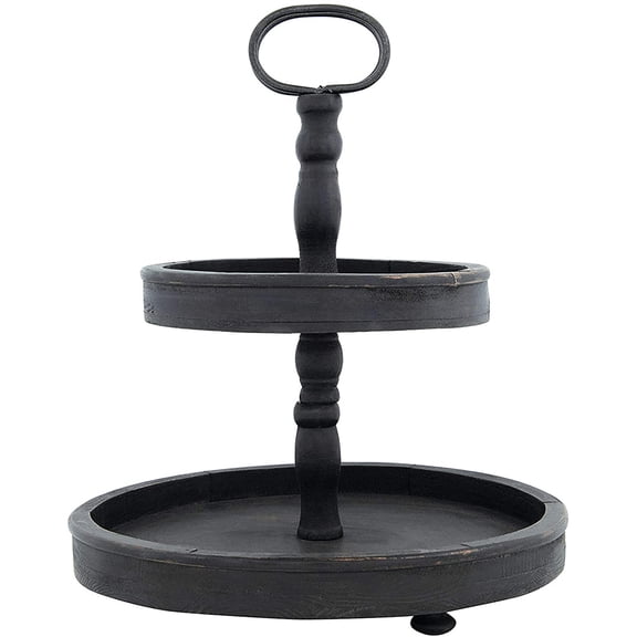 PLERISE Distressed Blackwashed Wood 2-Tier Tray with Metal Handle Farmhouse Style Serving Stand for Dessert, Fruit, Snacks & Home Decor