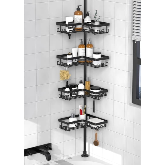PLERISE Floor to Ceiling Corner Shower Caddy Tension Pole, 25-114.2 Inch Adjustable Shower Rod Organizer, Waterproof Towel Rack for Bathroom Storage, Black