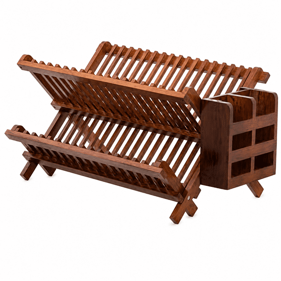 PLERISE Folding 2-Tier Wooden Dish Drying Rack, Collapsible Slatted Dish Drainer with Utensil Holder, Brown Countertop Plate and Bowl Organizer for Kitchen