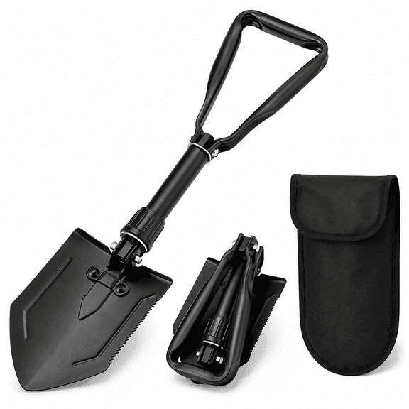 PLERISE Folding Survival Shovel with Pick, Heavy Duty Carbon Steel Military Entrenching Tool for Camping, Off-Road, and Gardening, 1 Pack
