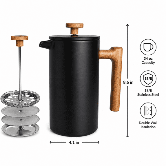 PLERISE French Press Coffee Maker 34 oz, Double Wall Stainless Steel Coffee Press with Real Wood Handle and Dual Filter Screen, Food Grade 18/8 Stainless Steel for Coffee and Tea,