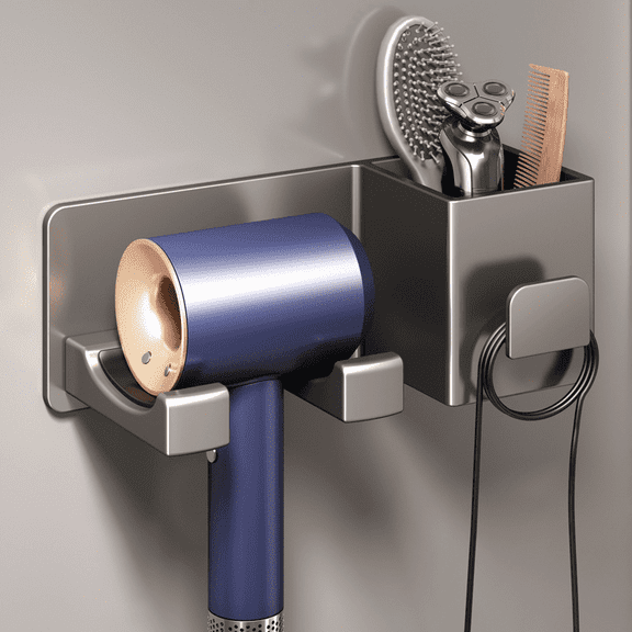 PLERISE Hair Dryer Holder Wall Mounted with Tool Organizer, Mg-Al Alloy Blow Dryer Hanger Adhesive & Screw Mount for Bathroom Vanity Bedroom (Gray)