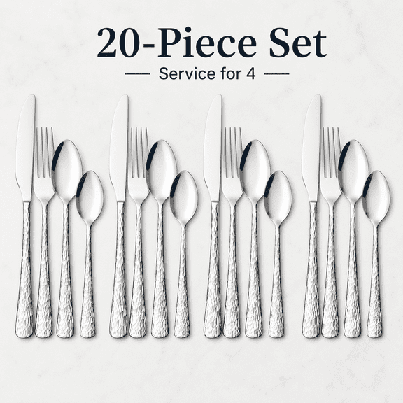 PLERISE Hammered Silverware Set, 20-Piece Flatware Set for 4, 18/10 Stainless Steel Cutlery Set with Mirror Polished Ripple Handles, Dishwasher Safe