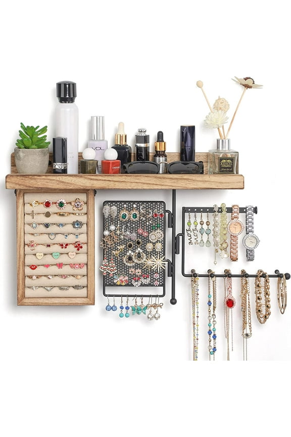 PLERISE Hanging Jewelry Organizer Wall Mount with Rustic Wood Shelf, Ring Display Box, Ear Studs Holder, Rotating Necklace Rack, Space-Saving Storage for Bedroom Closet Vanity