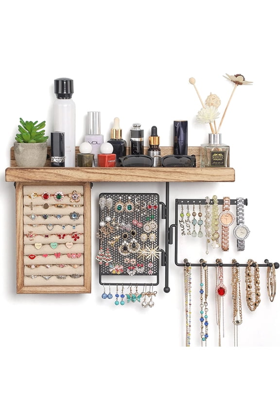 PLERISE Hanging Jewelry Organizer Wall Mount, Rustic Wood Shelf with Ring Display Box, Earring Holder & Rotating Necklace Stand