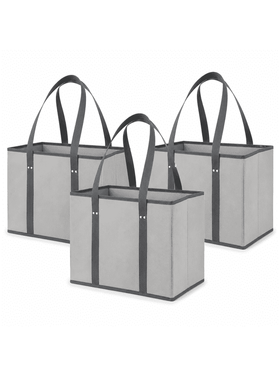 3 Pack Heavy Duty Reusable Grocery Bags, Box Shape Stand up Fold Flat Tote with Long Handles, Gray