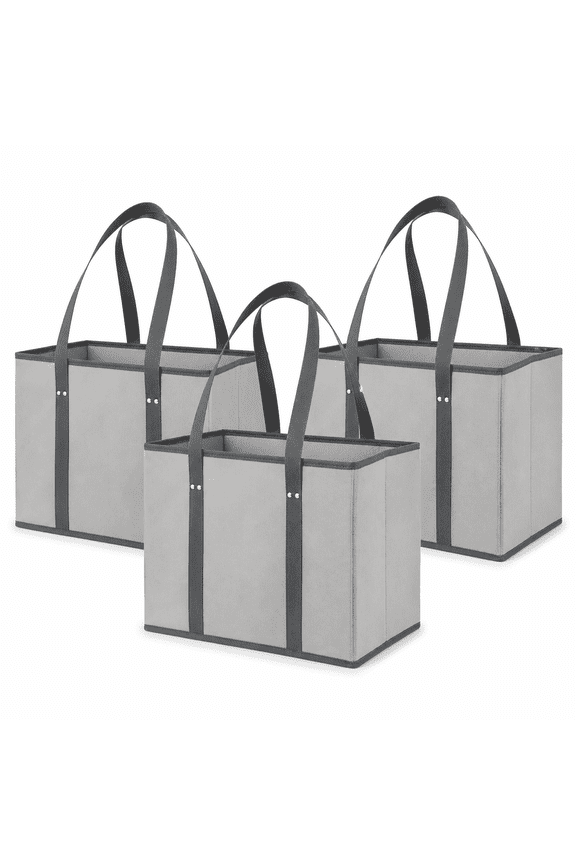 3 Pack Heavy Duty Reusable Grocery Bags, Box Shape Stand up Fold Flat Tote with Long Handles, Gray