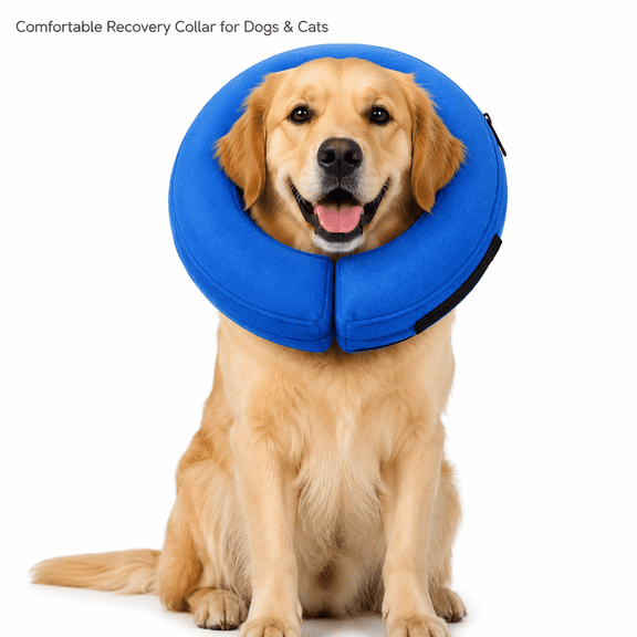 PLERISE Inflatable Dog Cone Collar Alternative, Soft Recovery E-Collar Donut for Small Medium Large Dogs & Cats, Neck Support After Surgery, Blue (Large)