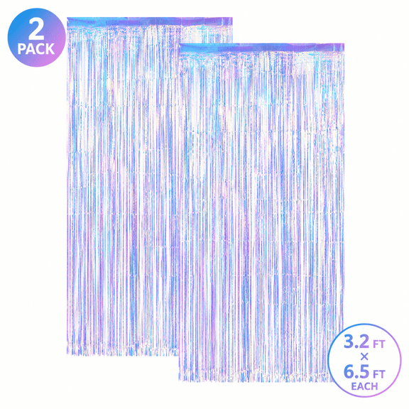 PLERISE Iridescent Holographic Tinsel Curtain Backdrop, 2 Pack Transparent Foil Fringe Streamers, 3.2 x 6.5 FT Photo Booth Decorations for Birthday, Mermaid, Y2K, ERAS & Celebration Parties