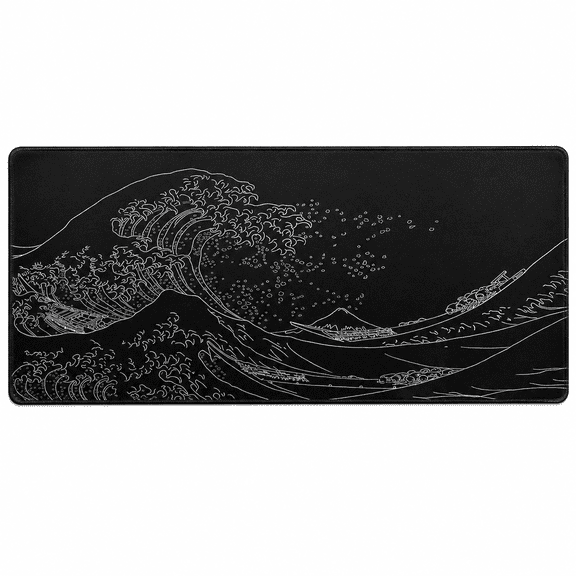 PLERISE Japanese Wave Gaming Mouse Pad, Large Extended Desk Mat with Non Slip Rubber Base, 31.5 x 11.8 x 0.12 inch, Black, 1 Pack