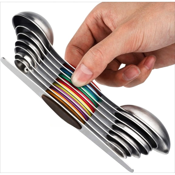 PLERISE 8 Piece Magnetic Stainless Steel Measuring Spoons, Double Sided Stackable Set for Dry Liquid Ingredients, 1 Pack