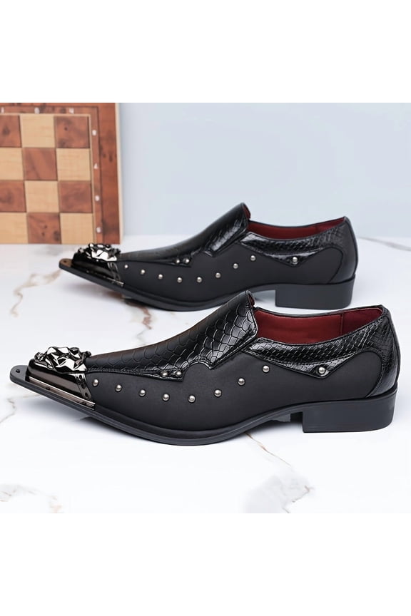 Men's Black Snake-Pattern Loafers with Studded Metal Accent, Stylish Slip-On Dress Shoes for Banquets, Parties, Weddings, and Formal Events