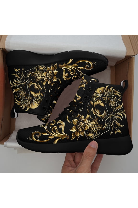 Men’s High-Top Gothic Skull Sneakers, Lightweight Lace-Up Athletic Shoes for Walking, Sports, and Casual Streetwear, Stylish Comfortable All-Season Trainers