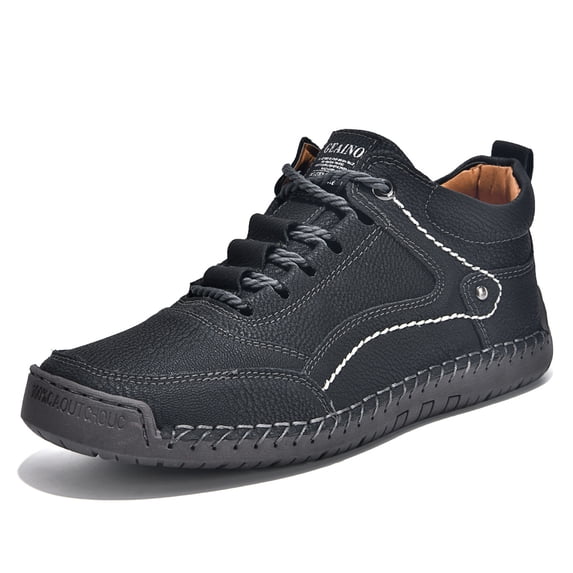 PLERISE Men's Mid-Top Casual Handmade Leather Shoes, Vintage Stitched Barefoot Design, Comfortable Spring and Autumn Footwear for Walking, Travel, and Everyday Wear