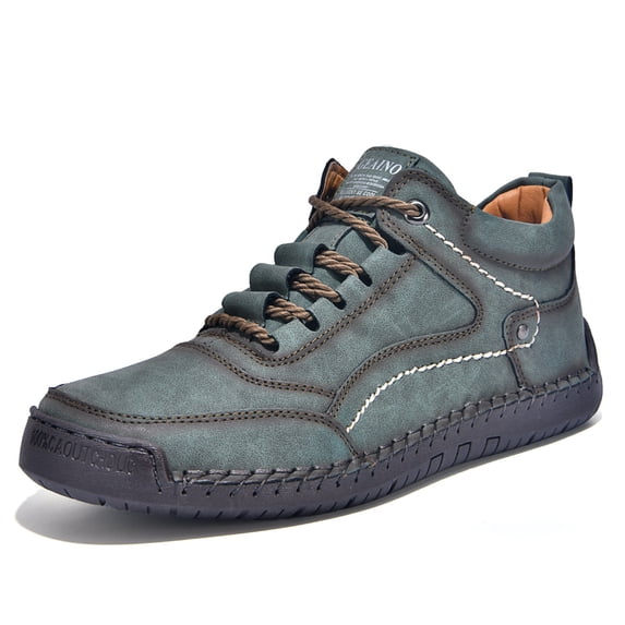 PLERISE Men's Mid-Top Casual Handmade Leather Shoes, Vintage Stitched Barefoot Design, Comfortable Spring and Autumn Footwear for Walking, Travel, and Everyday Wear